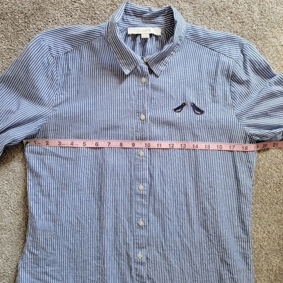 LOFT Blue White Striped 100% Cotton Button Down Shirt Embroidered Birds Size M - Picture 8 of 10